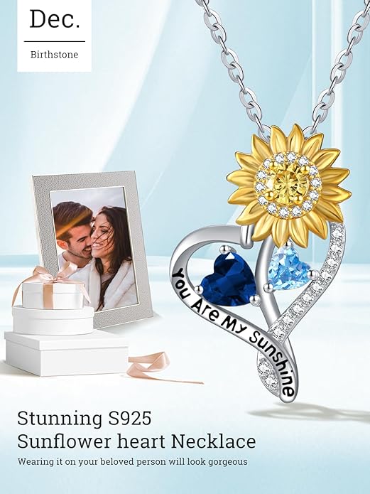 Zeuslia Double Birthstone Necklace Gifts for Wife - 925 Sterling Silver Sunflower/Rose/Crown Cross/Compass/Heart Pendant I Love You Necklace, Anniversary Birthday Gifts for Wife Girlfriend Mom Her