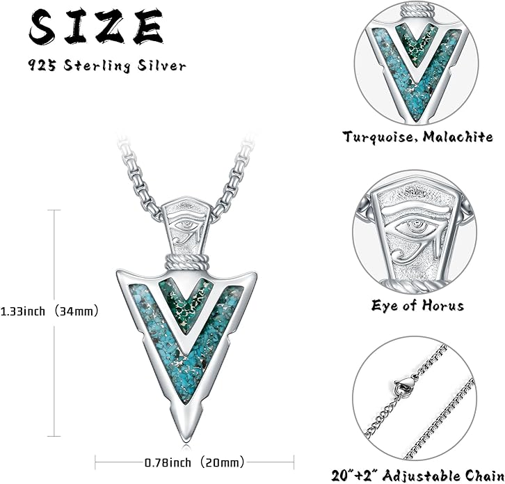 Suiknsn Arrowhead Necklace for Men Women 925 Sterling Silver Turquoise Malachite Celtic/Eye of Horus/Viking Arrow Pendant Amulet Jewelry Gifts Native American Necklace