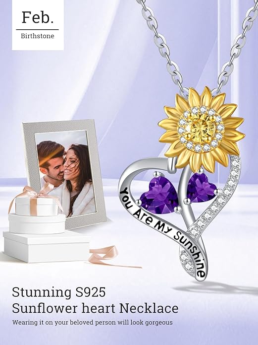 Zeuslia Double Birthstone Necklace Gifts for Wife - 925 Sterling Silver Sunflower/Rose/Crown Cross/Compass/Heart Pendant I Love You Necklace, Anniversary Birthday Gifts for Wife Girlfriend Mom Her