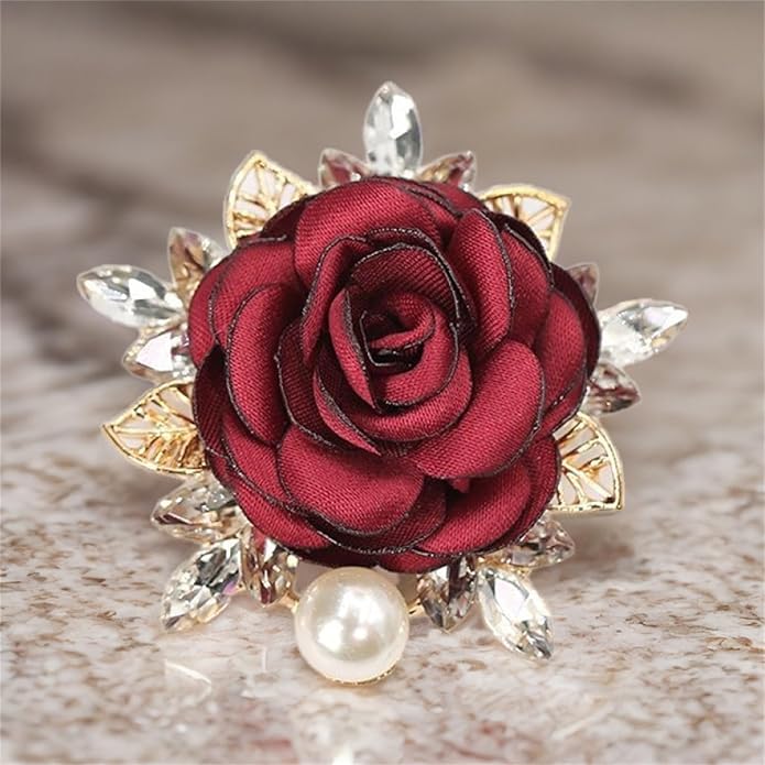 Rose Brooch for Women,Dainty Satin Fabric Flower Lapel Pins Vintage Elegant Pearl Brooches Handmade Crystal Pearl Pins Silk Camellia Safety Collar Pin Dress Suit Accessories Wedding Bridal Bouquet Jewelry