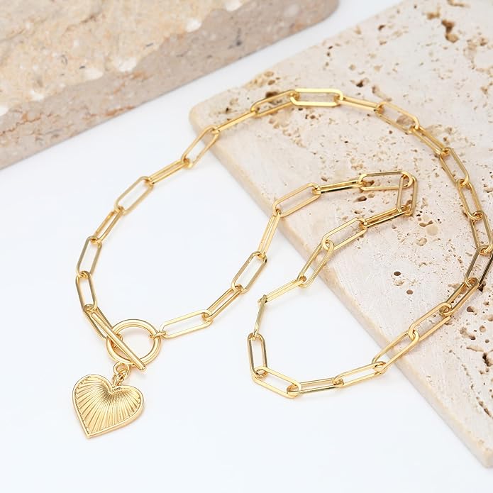 Chunky Gold Necklace for Women, 18K Waterproof Heart Necklace Statement Necklace Gold Charm Necklace Chunky Jewelry Paperclip Chain Choker Gift for Women