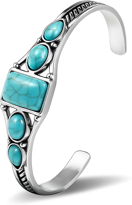 Boho Turquoise Silver Cuff Bracelet for Women, Vintage Jewelry Bangle with Carved Details, Adjustable Silver Bangles for Women, Sterling Silver Plated Bangles Style