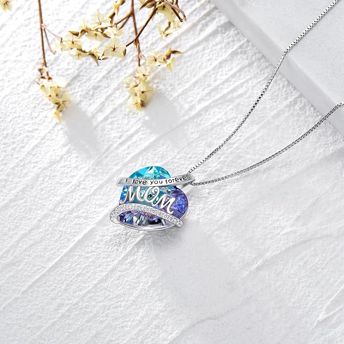 Mothers Day Gifts for Mom s925 Sterling Silver I Love You Forever Love Hear Mon Pendant Necklace with 12 Birthstone Jewelry Birthday Christmas Gifts for Women Grandma Mom Nana From Duaghter Son