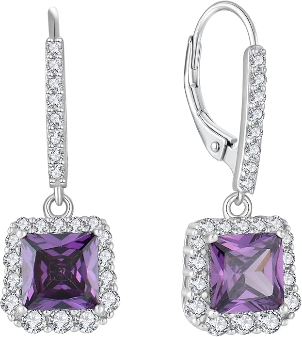 Square Dangle Drop Earrings Sterling Silver Halo Leverback Earrings Birthstone Jewelry for Women