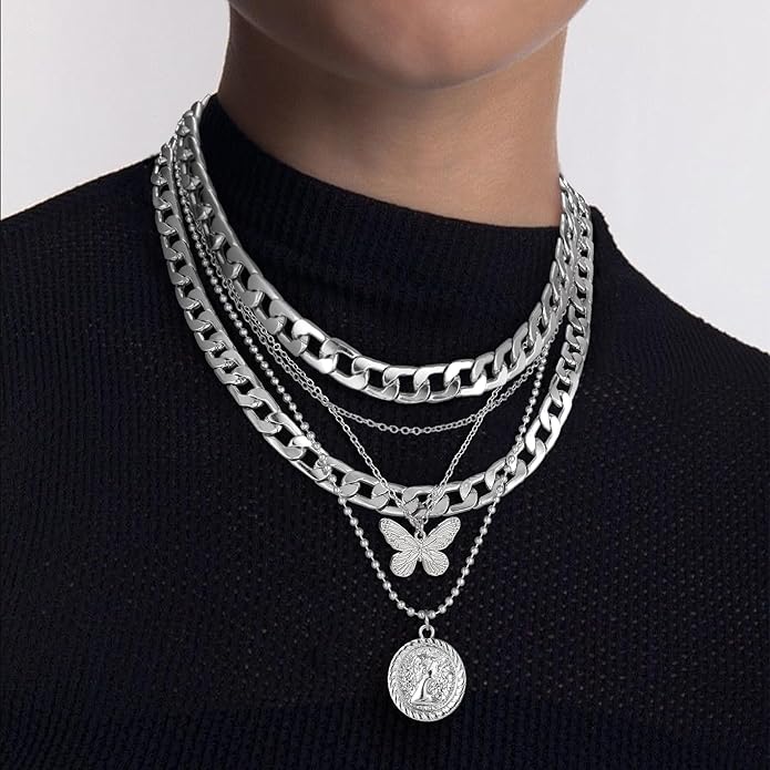 MJartoria Layered Necklaces for Women Trendy Retro Coin Pendant Necklace Dainty Chunky Chain Choker Necklaces for Jewelry Birthday Gifts