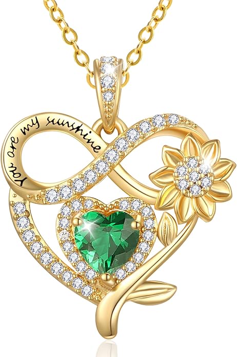 14K Gold Sunflower Heart Necklace for Women, You Are My Sunshine Jewelry with Birthstone Pendant, Anniversary Birthday Gifts for Her Wife Mom Grandma Daughter