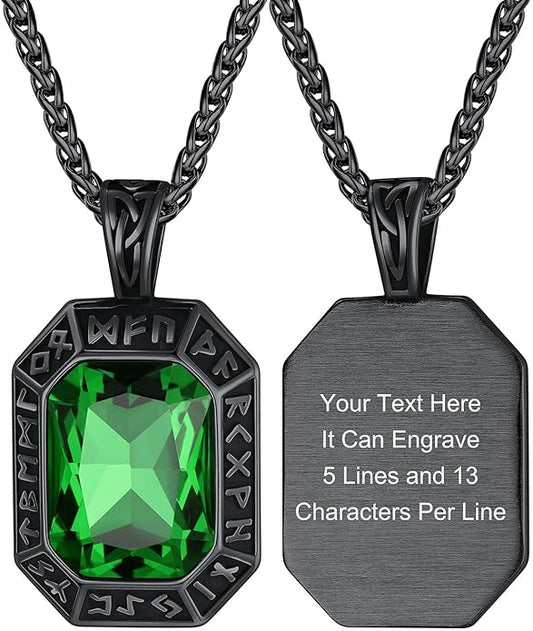 ChainsHouse Viking Rune Pendant Necklace for Men Women, Punk Biker Black Metal/316L Stainless Steel Onyx Norse Vintage Amulet Necklaces with Black/Red/Green/Blue Gemstone, Send Gift Box