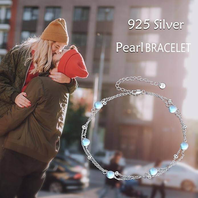 CRMAD Pearl/Moonstone/Larimar/Turquoise/Opal/Black Onyx Bracelet Anklet for Women Sterling Silver Beach Jewelry Gift for Women