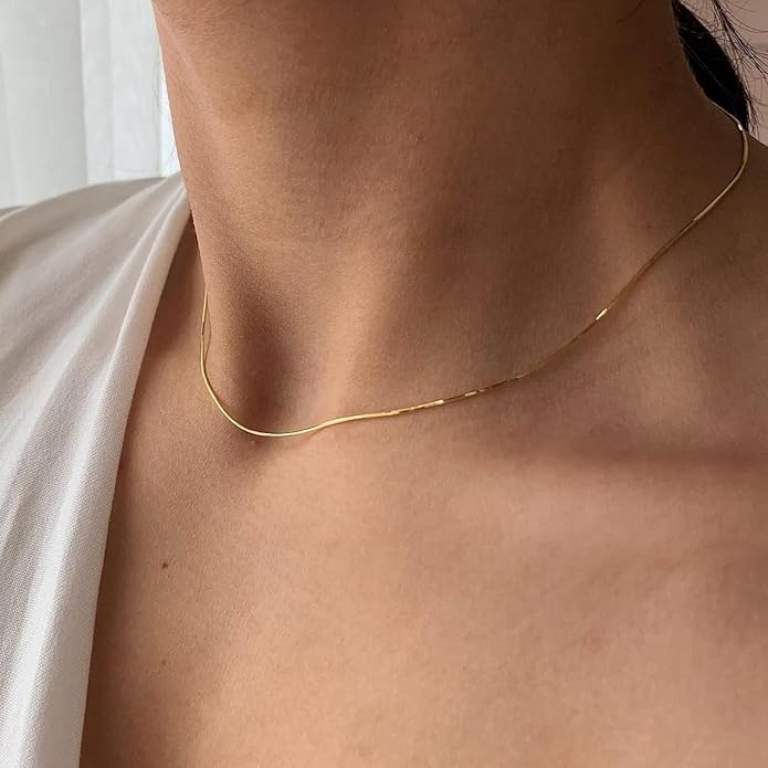 DEARMAY 14K Gold Plated Necklaces for Women, Dainty Gold Herringbone Choker Necklace Thin Layered Snake Chain Jewelry for Gifts