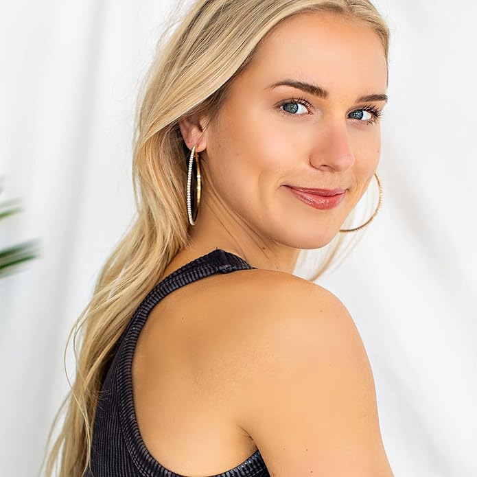 925 Sterling Silver Earrings Large Rhinestone Hoop Earrings Big Cubic Zirconia Hoop Earrings Thin Rhinestones Round Hoop Earrings for Women 20/30/40/50/60/70mm Sparkly Hoops With Crystals for Womens