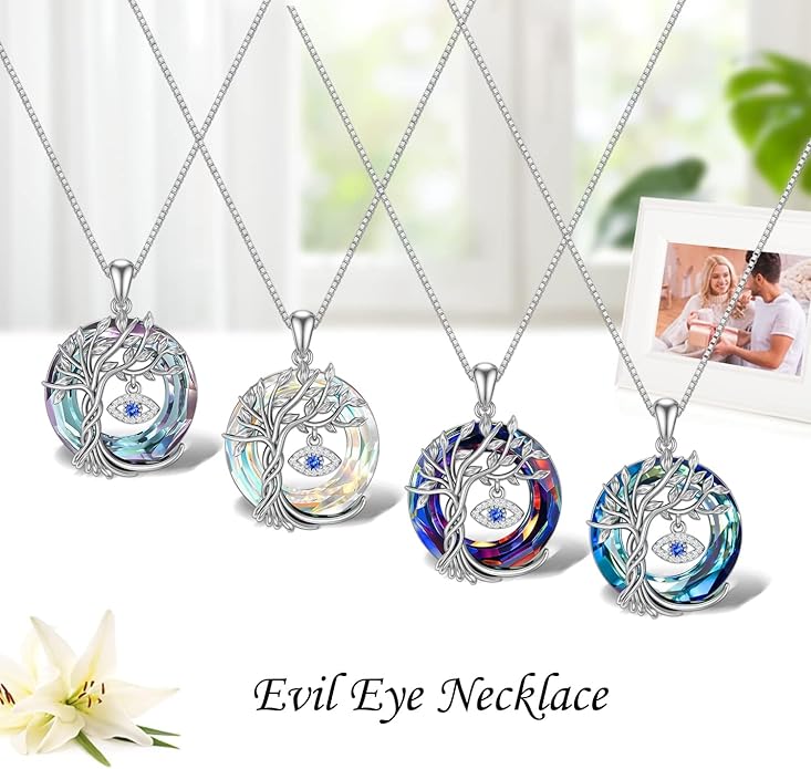 TOUPOP Evil Eye Necklace 925 Sterling Silver Tree of Life Circle Crystal Pendant Necklace Protection Jewelry Amulet Christmas Gifts for Women Her