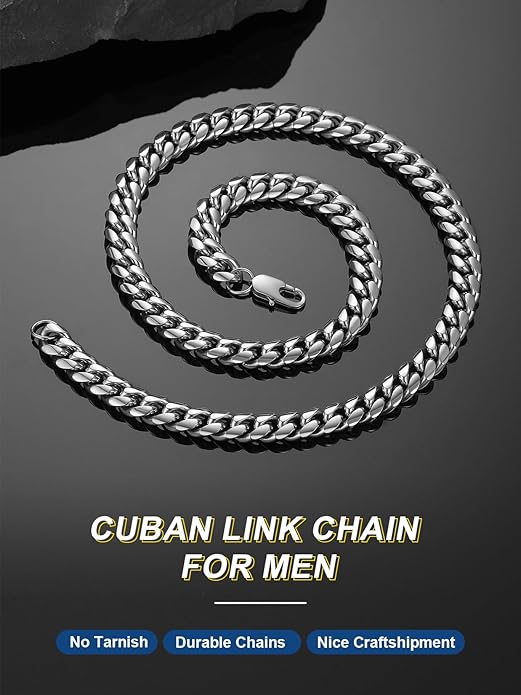 ChainsPro Chunky Miami Cuban Link Chains for Men,Stainless Steel Cuban Chain Necklace,4.8/6/10/14mm Width,No Tarnish& Thick Hip Hop Jewelry,18-30 inch Length, Black/Gold Plated/Silver,Send Gift Box
