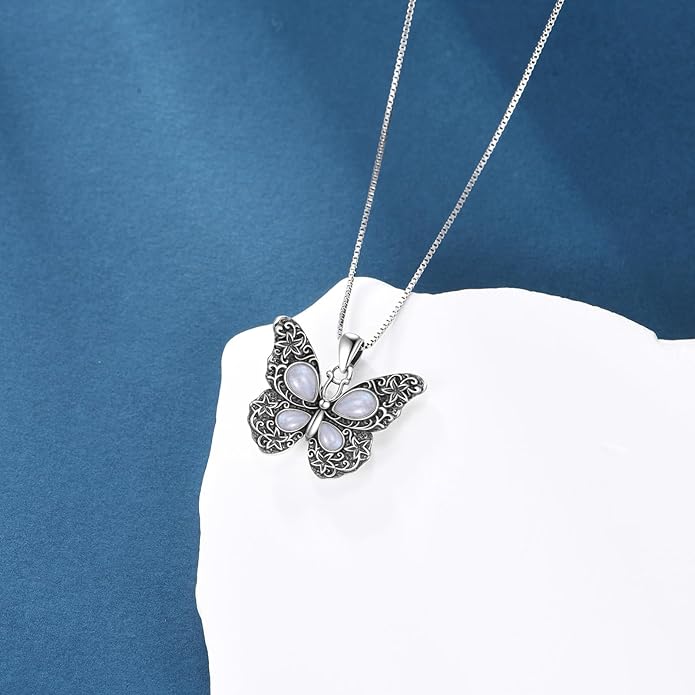 Butterfly Moonstone Necklace, 925 Sterling Silver Vintage Pendant with Natural Gemstone, Boho Hypoallergenic Jewelry Gift for Her