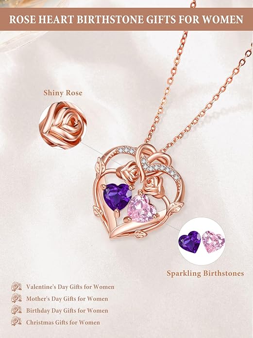 Rose Gold Necklaces for Women Double Birthstone Rose Flower Heart Pendant Necklace Jewelry Anniversary Christmas Valentine's Mother's Day Birthday Gift for Wife Mom Her Girlfriend Sister