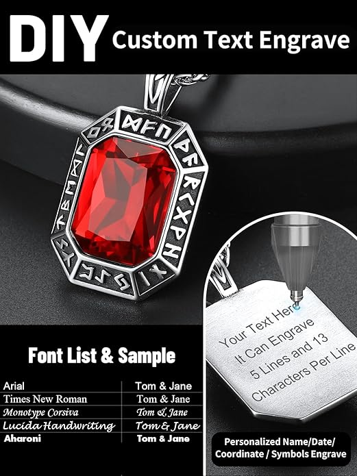 ChainsHouse Viking Rune Pendant Necklace for Men Women, Punk Biker Black Metal/316L Stainless Steel Onyx Norse Vintage Amulet Necklaces with Black/Red/Green/Blue Gemstone, Send Gift Box