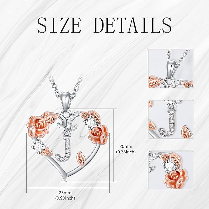 AOBOCO Rose Heart Necklaces Valentines Gifts for Women, 925 Sterling Silver Rose Love Heart Initial Letter Pendant Necklace Jewelry Mothers Day Christmas Birthday Gifts for Her Mom Wife Girlfriend