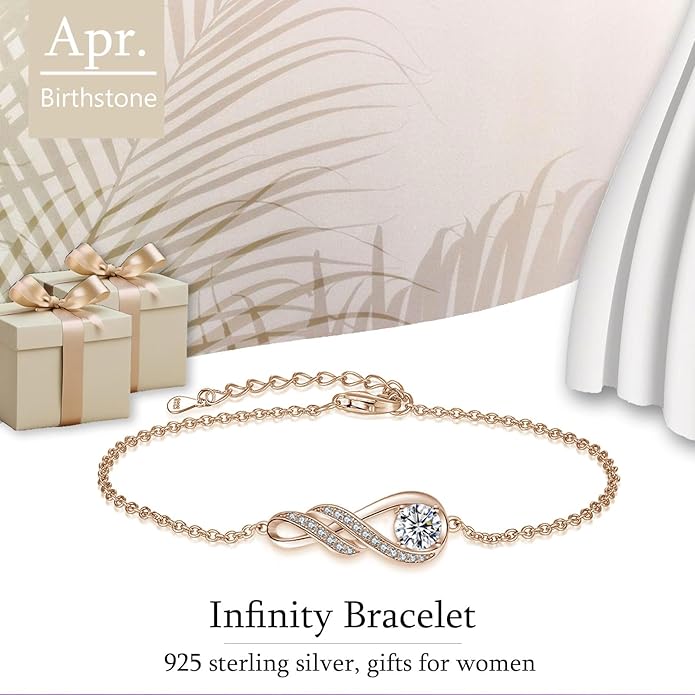 Birthstone Bracelets for Women 925 Sterling Silver Created Gemstone Bracelet Infinity Pendant Jewelry for Her, 6.7"+1.2"