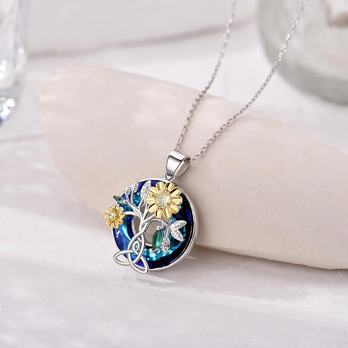 Tree of Life Pendnat Sunflower/Celtic Necklace with Blue Crystal Tree Jewelry Gifts for Women