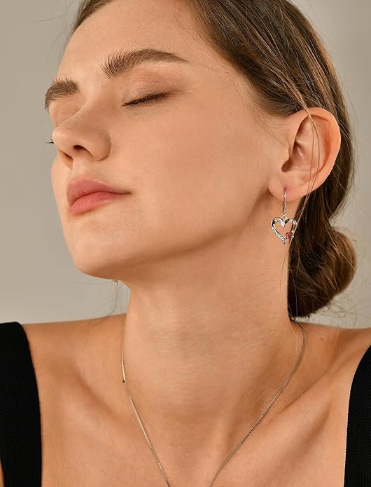 YL Heart Dangle Earrings 925 Sterling Silver Drop Earrings Birthstone Leverback Jewelry for Women