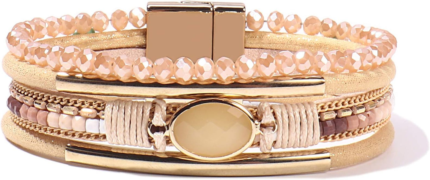 FANCY SHINY Leather Wrap Bracelets Crystal Beads Bracelet Boho Cuff Stone Charm Bracelets with Clasp Costume Jewelry for Women