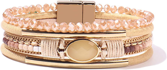 FANCY SHINY Leather Wrap Bracelets Crystal Beads Bracelet Boho Cuff Stone Charm Bracelets with Clasp Costume Jewelry for Women