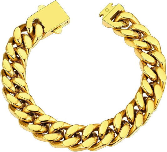 ChainsHouse Stainless Steel Cuban Link Bracelet for Men, 5mm/7mm/9mm/12mm Width, 7.5"/8.3"/9" Length, Black/18K Gold Plated Chain Wrist Bracelets for Men, with Gift Box