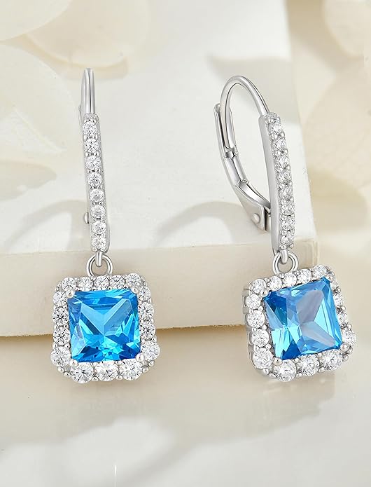 Square Dangle Drop Earrings Sterling Silver Halo Leverback Earrings Birthstone Jewelry for Women