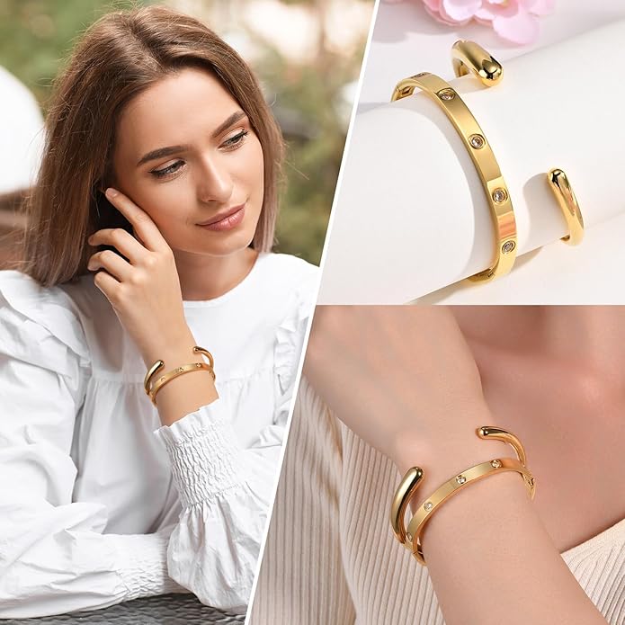 MPRAINBOW Gold Bracelets for Women, 2Pcs 18K Gold Plated Cubic Zirconia Bangle Crystal Friendship Bracelet Jewelry,Wedding Party Christmas Birthday Gifts for Her Girlfriend Sister Daughter