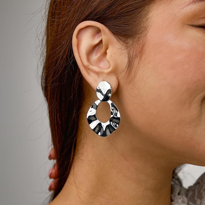 Hefanny Large Hammered Teardrop Dangle Earrings Geometric Chunky Flower Earrings Women's Trendy Statement Jewelry Multiple Styles