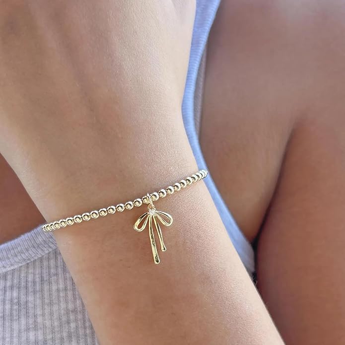 Beads Bow Charm Bracelet for Women Flower Vintage Bracelet Handmade Stretch Beaded Dainty Romantic Jewelry Gifts