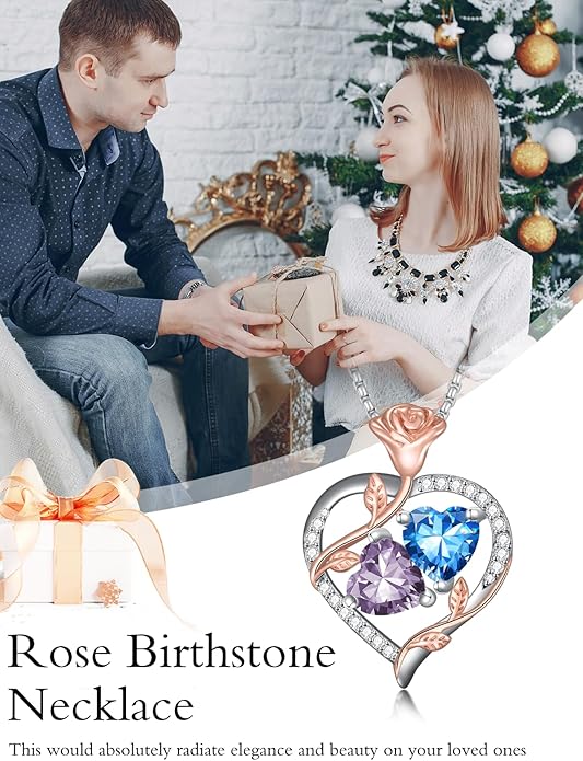 Christmas Gifts for Women Rose Heart Birthstone Pendant Necklace I Love You Forever Jewelry Valentine Mothers Day Birthday Gifts for Women Her Wife Girlfriend