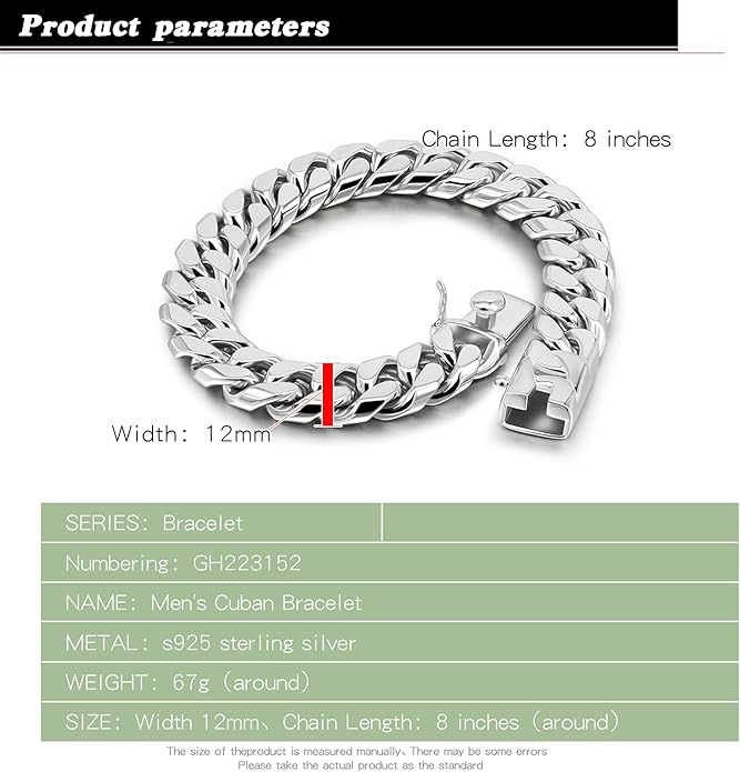 Fashion 925 Sterling Silver Solid Miami Cuban Link Chain Bracelet 8MM-12MM-14MM Curb Cuban Solid Thick Big Link Bracelet For Men 7-10 Inch Jewelry Gift
