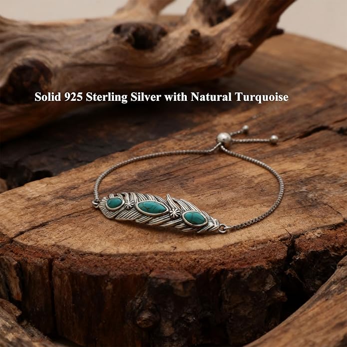 Genuine Turquoise Feather Bracelet for Women 925 Sterling Silver Native American Real Turquoise Adjustable Boho Bracelets 6 to 8 Inch