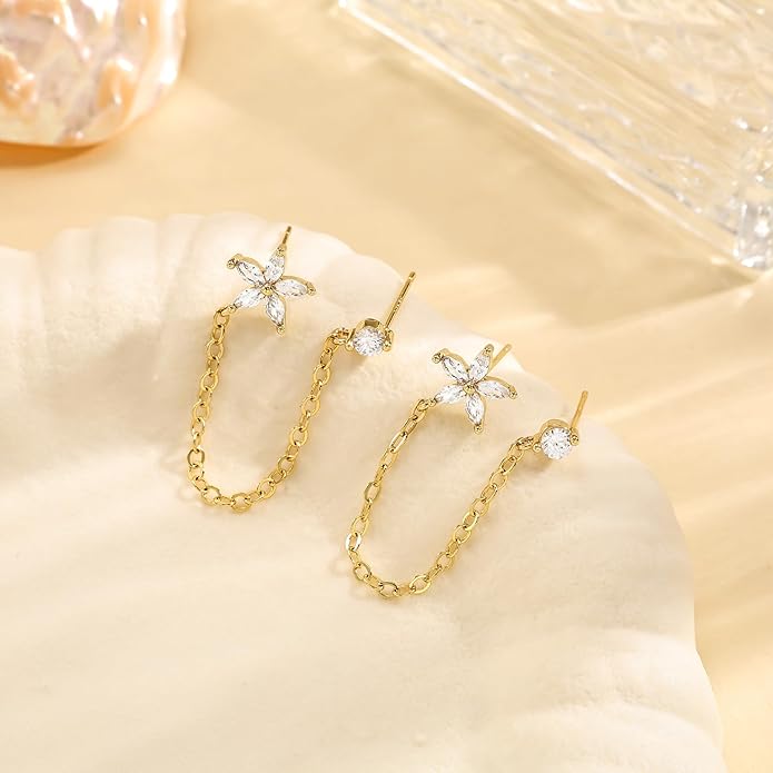 Freekiss Gold Chain Studs Earrings for Women Trendy: Hypoallergenic 14K Gold Plated Dangle Earrings Dainty Small Long Chain Earring Set Fashion Gold Jewelry for Women