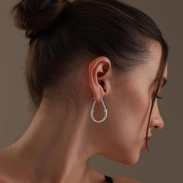 LeCalla 925 Sterling Silver Hoop Earrings | Italian Design Classic Diamond-Cut Textured Earring Hoops | Women's Drop Shape Oval Hoop Earring Jewelry for Women