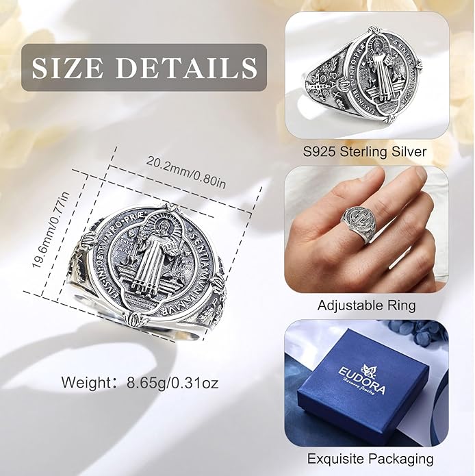 EUDORA S925 Sterling Silver St Benedict Ring San Benito Rings for Women Men, Vintage Ankh Cross Ring Saint Benedict Amulet Adjustable Rings Gifts for Women Mens Father Mother