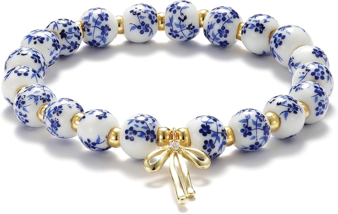 Beads Bow Charm Bracelet for Women Flower Vintage Bracelet Handmade Stretch Beaded Dainty Romantic Jewelry Gifts
