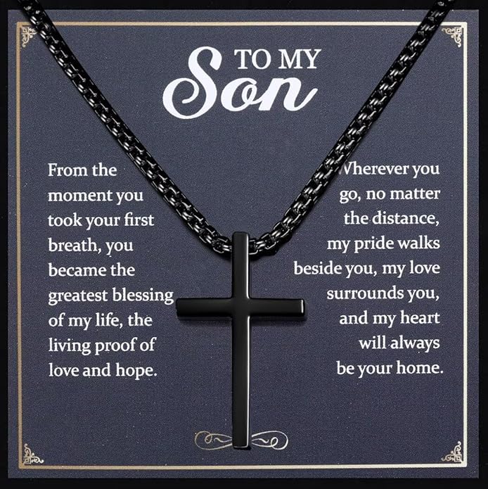 TEN MIRO Silver/Black Cross Necklace for Men Boy Stainless Steel Cross Pendant Necklace for Men Christian Religious Jewelry with Box & Card Birthday Anniversary Christmas Father's Day Gifts for Him