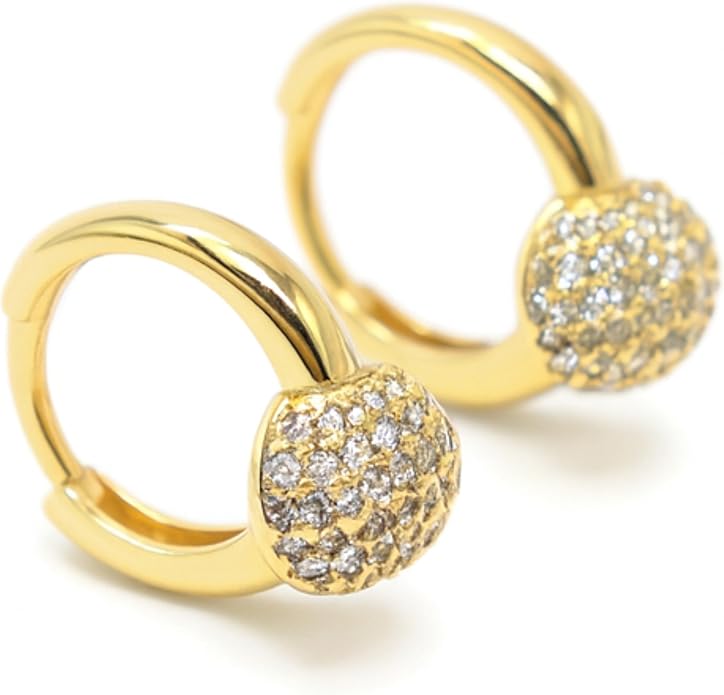 Tone Huggie Hoop Earrings-Opener CZ Ball Accent, 15mm Small Hoops.KT0026