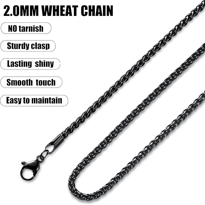 Fiusem Black Wheat Chains for Men and Women, 2/2.5/3/4/5mm Stainless Steel Necklace Chain, Mens Necklace Jewelry Gift 16-28 Inch
