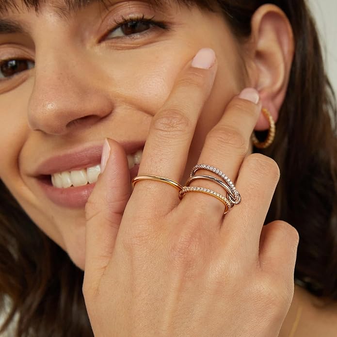 NOKMIT 14K Gold Plated 4 Interlocking Stackable Rings Set with CZ Cubic Zirconia Gold & Silver Mixed Metals Multi-Link Connected Statement Bands for Women Hypoallergenic Non Tarnish Jewelry Gifts