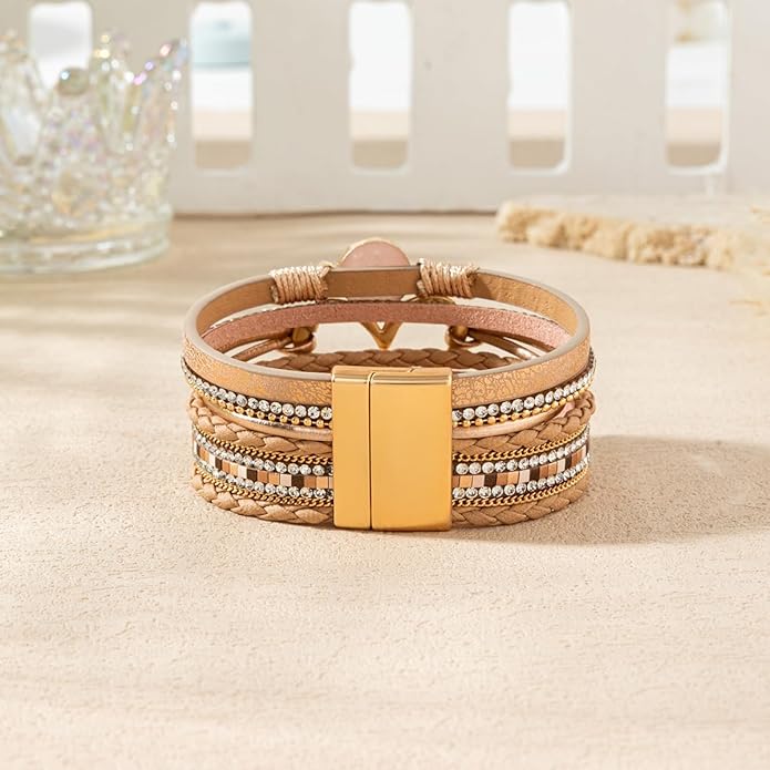 Rantanto Braid Leather Wrap Bracelet Trendy Stackable Crystal Cuff Boho Gold Heart Bracelet Jewelry Gift For Women