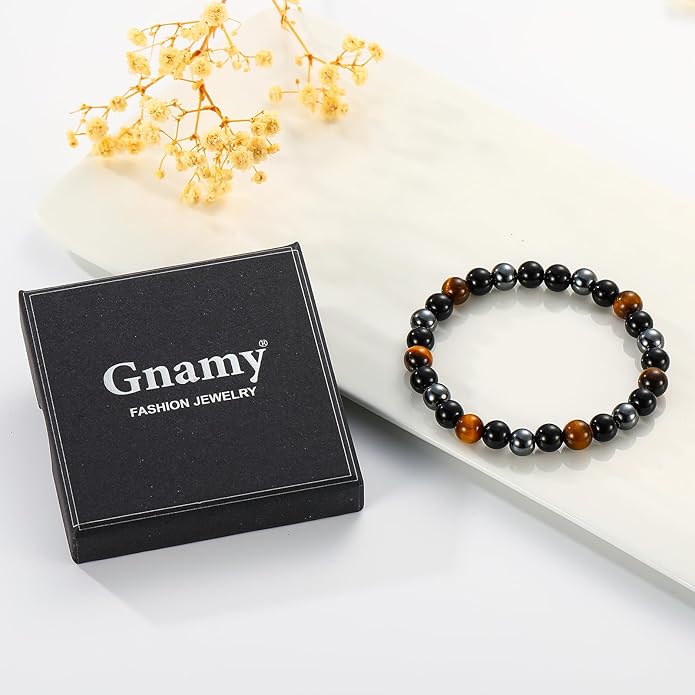 Triple Protection Bracelet for Men, Mens Black Obsidian Hematite Tiger Eye Beaded Natural Stone Evil Eye Bracelet Jewelry Gifts for Birthday Christmas
