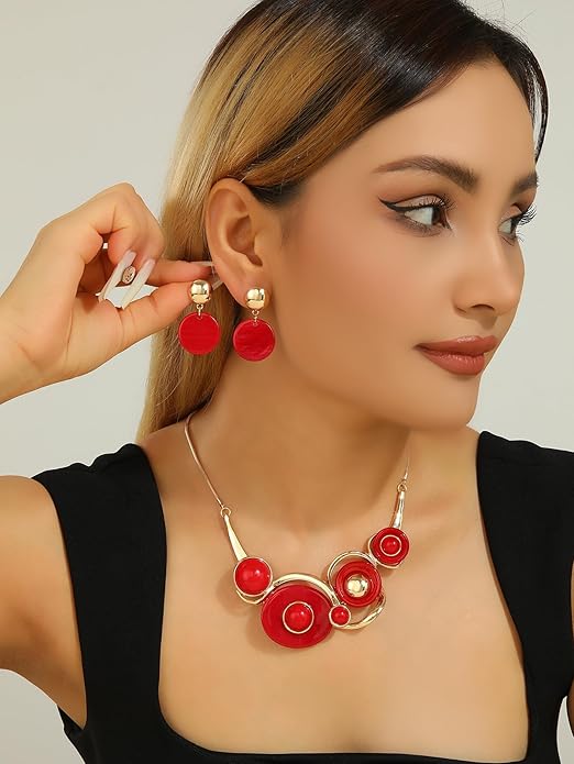 Chunky Statement Jewelry Set Vintage Retro Leaf Flower Floral Geometric Bohemian Boho Bib Necklace Earring Set Fashion Costume Jewelry for Women Girls Wedding Party Prom Unique Gift