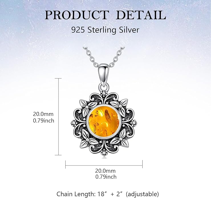 Amber Vintage Necklace Sterling Silver, Boho Jewelry for Women, Handmade Western Filigree Pendant, Unique Christmas Birthday Gift