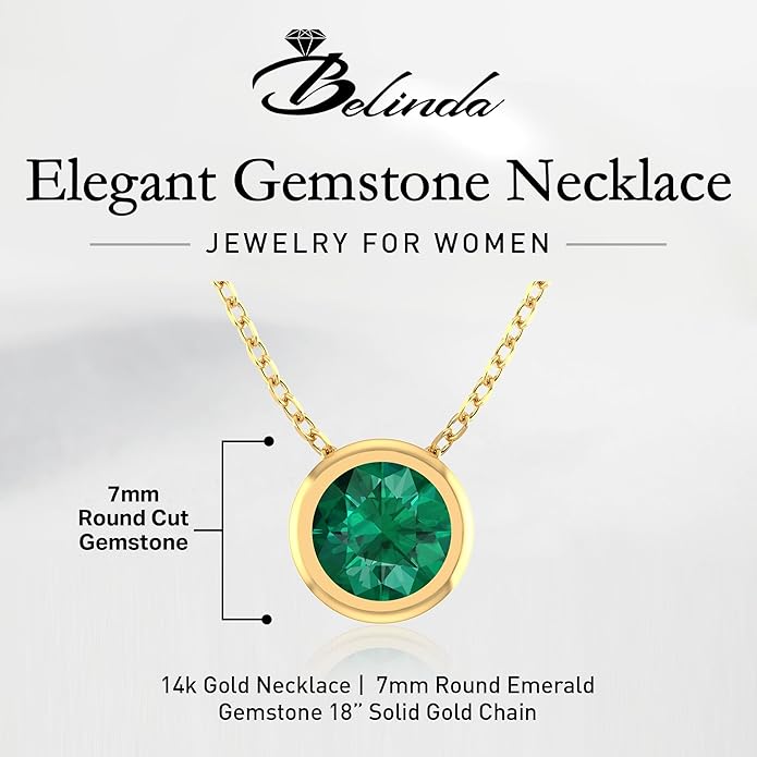 14K Gold Necklace for Women - 7mm Round Natural Gemstone Pendant with 18" Gold Chain - Trendy Birthstone Statement Fine Jewelry - Yellow Gold, Elegant Women's Accessories