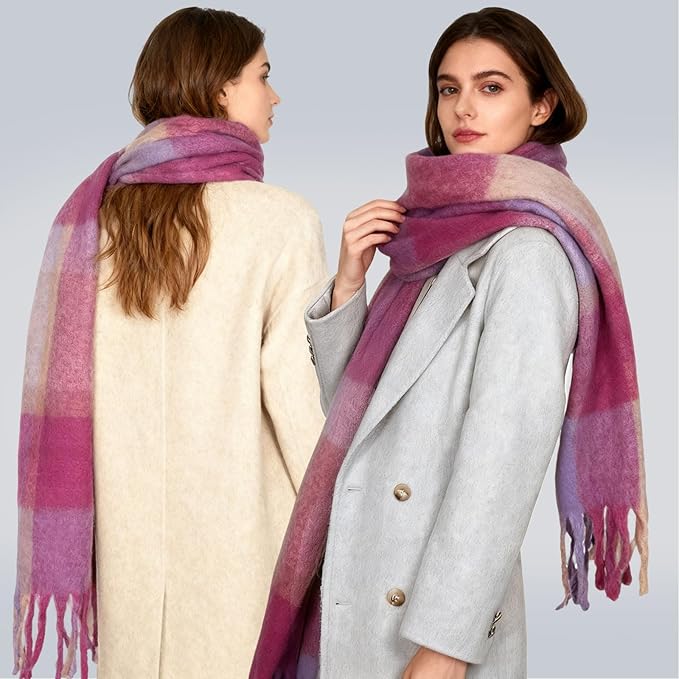 SHOHOKU Large Chunky Plaid Scarf Coloured Checked Oversized Scarf Tassel Soft Fall Winter Thick Warm Shawl Women