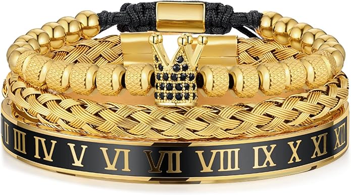 WFYOU 3PCS Stainless Steel Bracelets for Men Gold Roman Numeral Bangle Bracelet Twisted Cable Bracelet Adjustable Cuff Bracelet Mens Luxury Jewelry Bracelets Gifts