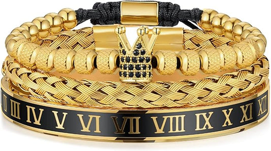 WFYOU 3PCS Stainless Steel Bracelets for Men Gold Roman Numeral Bangle Bracelet Twisted Cable Bracelet Adjustable Cuff Bracelet Mens Luxury Jewelry Bracelets Gifts
