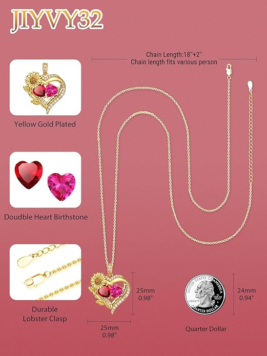Sunflower Heart Necklace for Women 14K Gold Exquisite Anniversary Birthday Gifts for Wife Mother Her Double Birthstone Pendant jewelry‘You Are My Sunshine’